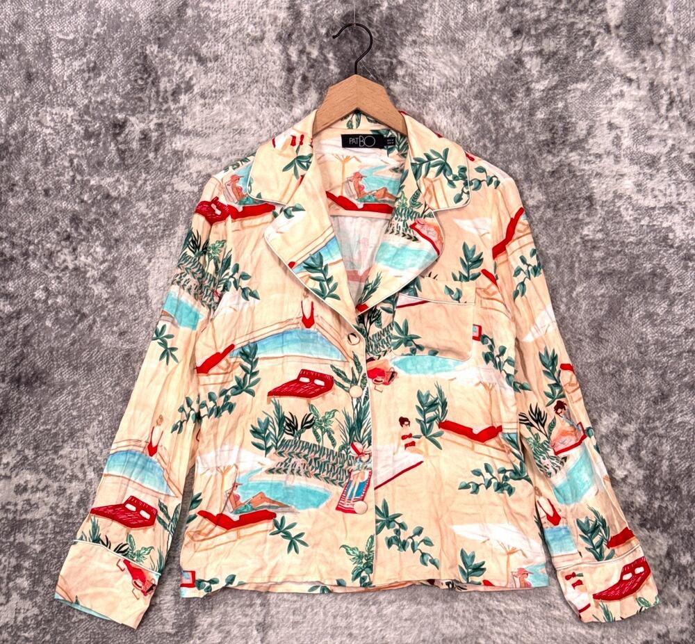 PatBO Top Medium Womens Beach Scene Print Cotton Button Down